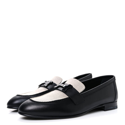 Hermes Toile De Coton Calfskin Womens Paris Loafers 37 Black Prunoir 4 of 11