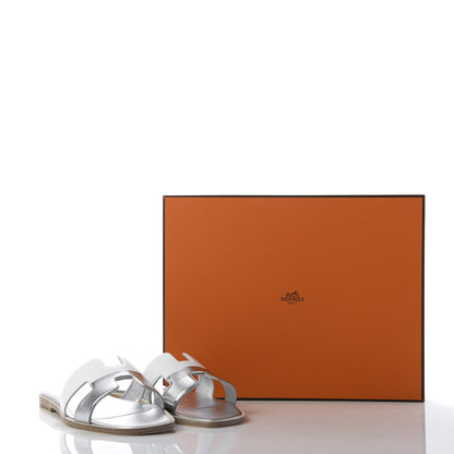 Hermes Metallic Nappa Box Oran Sandals 37 White Gris Argente 10 of 10
