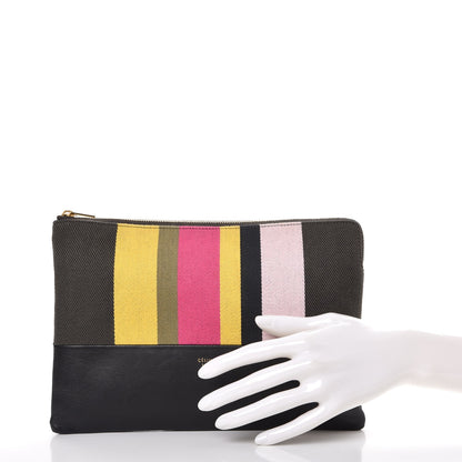 Celine Cotton Canvas Lambskin Striped Solo Clutch Pouch Black 2 of 8