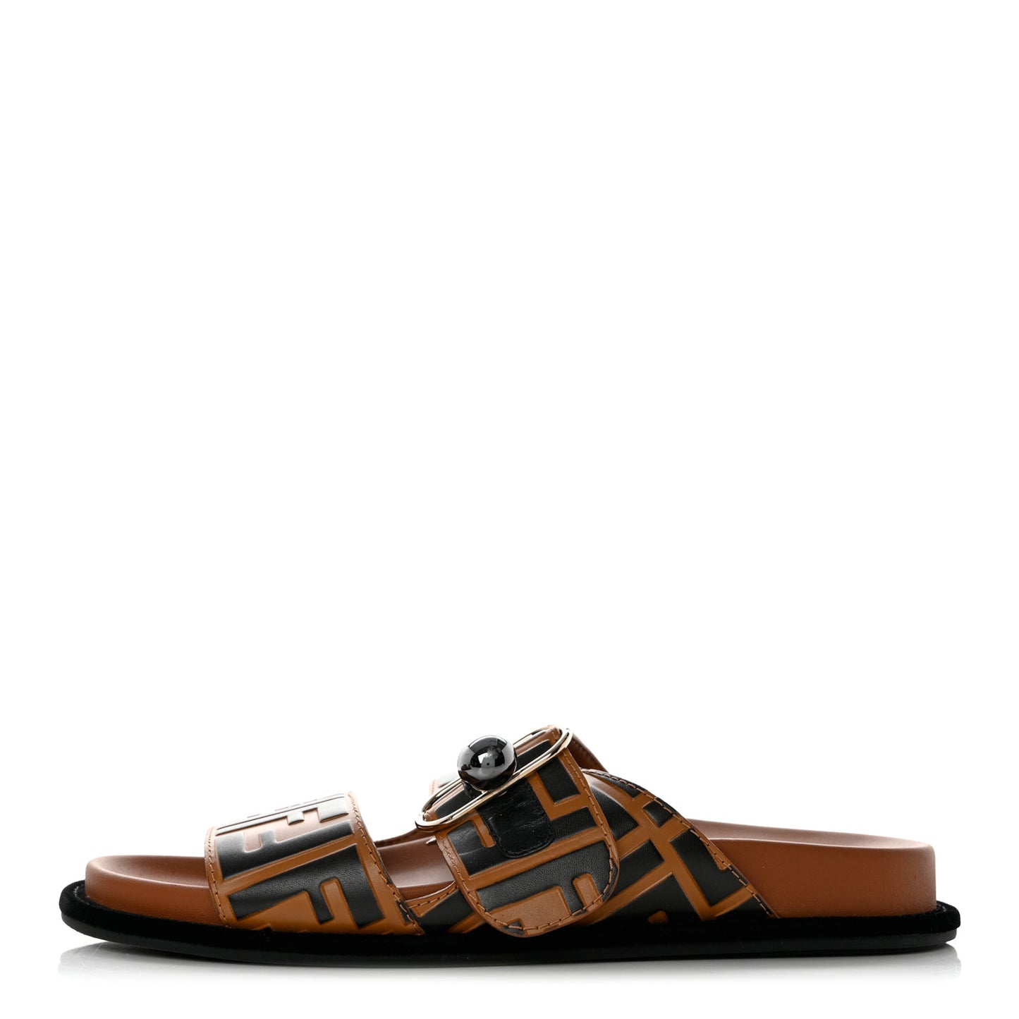 Calfskin FF Embossed Pearland Slide Sandals 38.5 Tobacco Moro