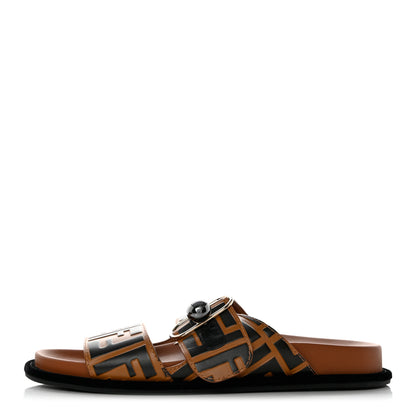 Fendi Calfskin FF Embossed Pearland Slide Sandals 38.5 Tobacco Moro 1 of 9