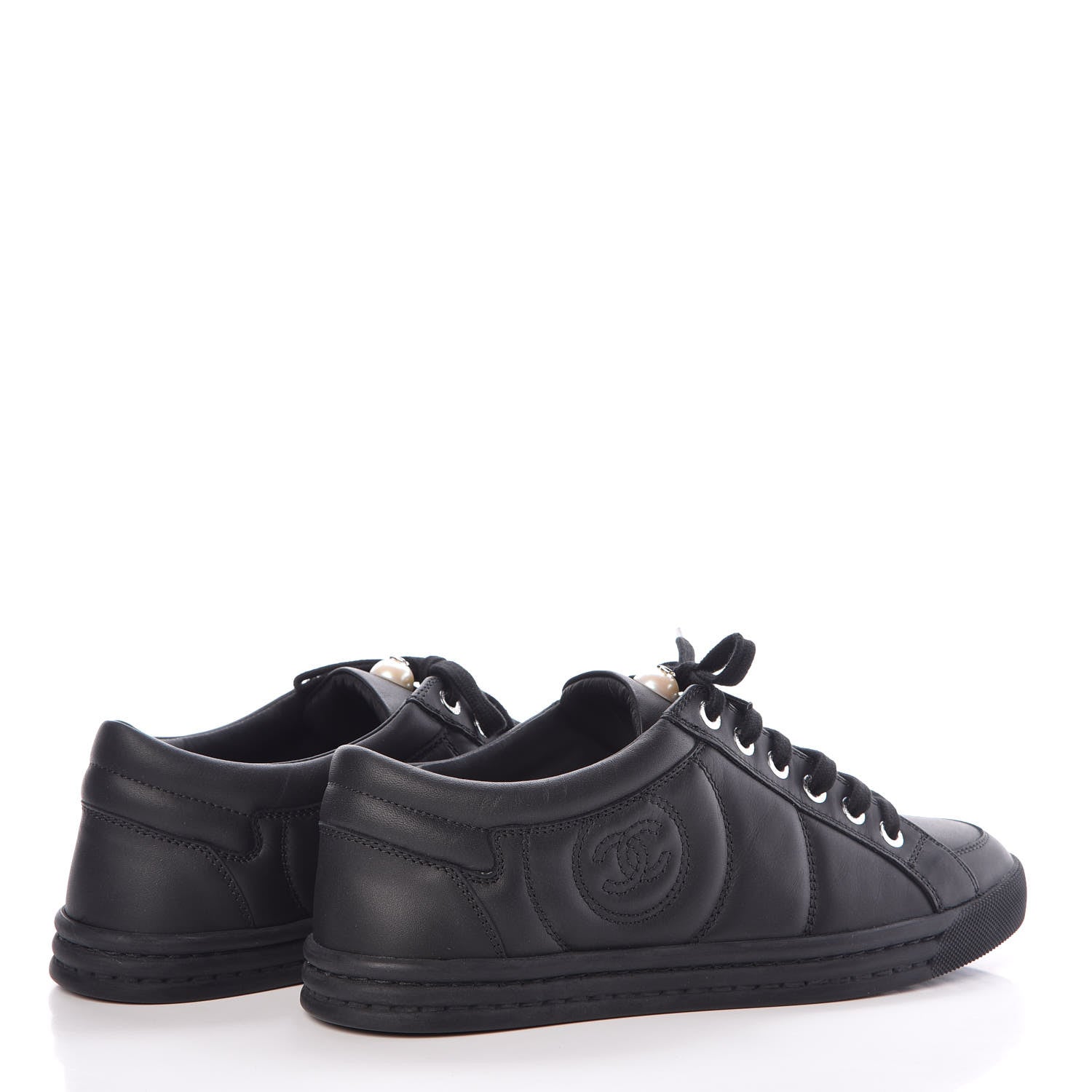 Chanel Oily Calfskin Pearl Low Top CC Sneakers 37.5 Black 4 of 9