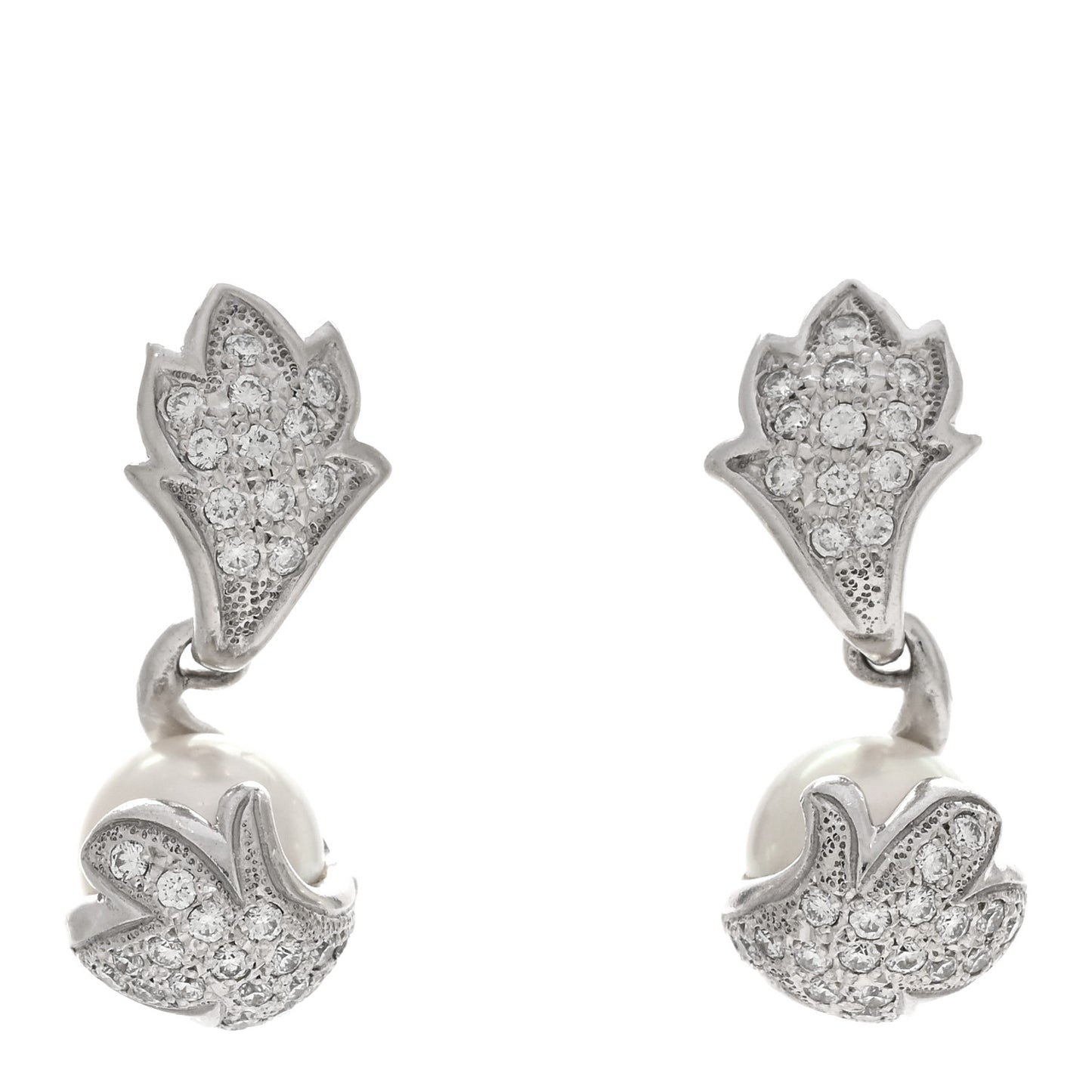 Platinum Diamond Akoya Pearl 7.5-8mm Leaf Drop Earrings