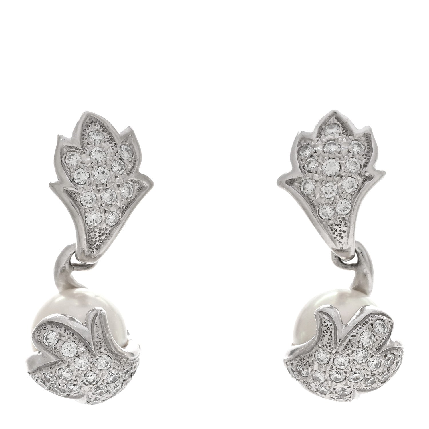 Mikimoto Platinum Diamond Akoya Pearl 7.5-8mm Leaf Drop Earrings 1 of 5