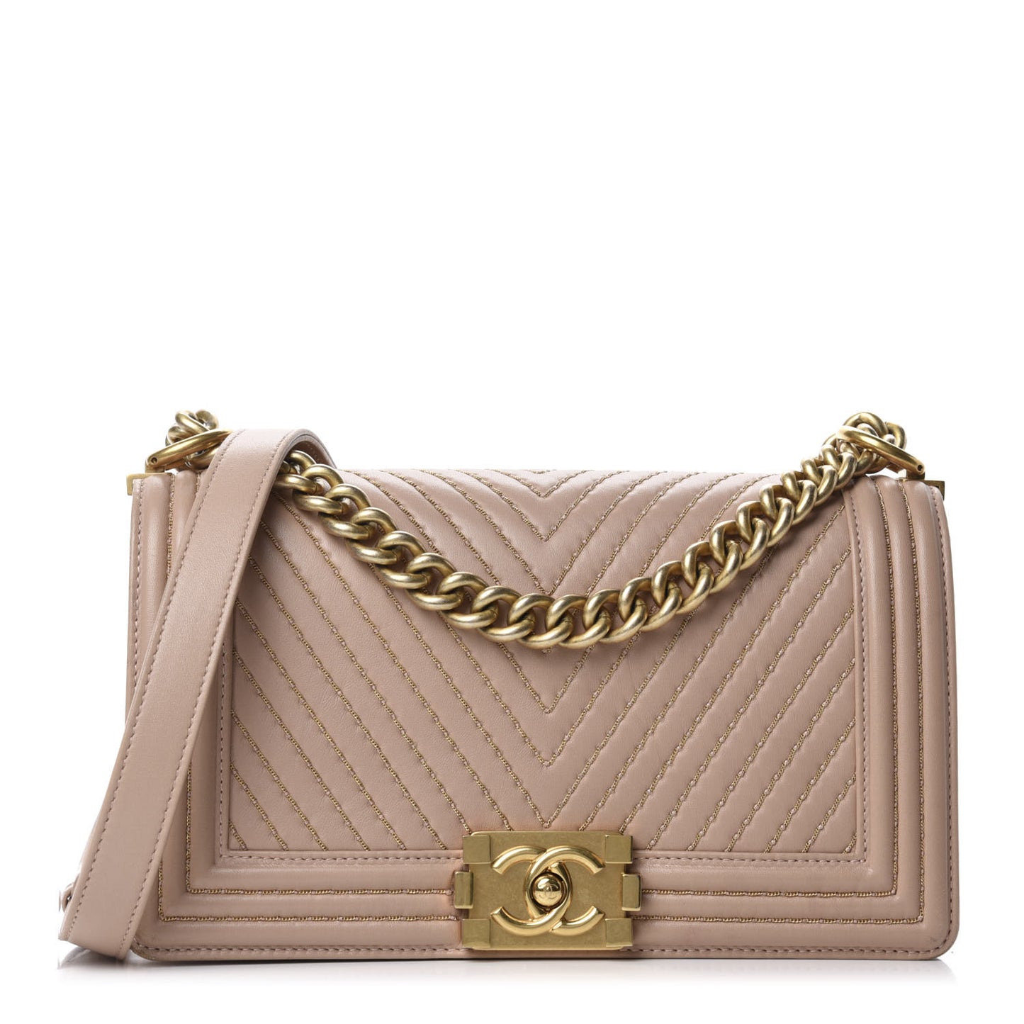 Lambskin Chevron Chain Stitched Medium Boy Flap Beige