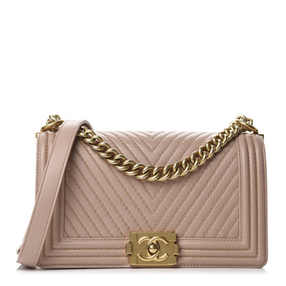 Chanel Lambskin Chevron Chain Stitched Medium Boy Flap Beige 1 of 12