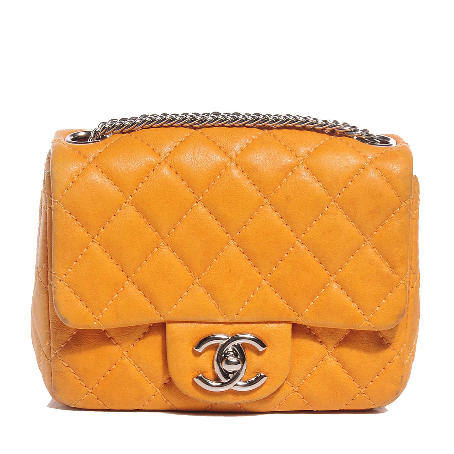 Glazed Lambskin Quilted Mini Bijoux Chain Square Flap Mango