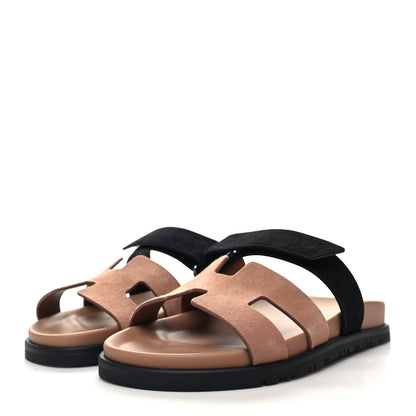 Hermes Suede Goatskin Womens Chypre Sandals 37 Rose Perle Black 3 of 8