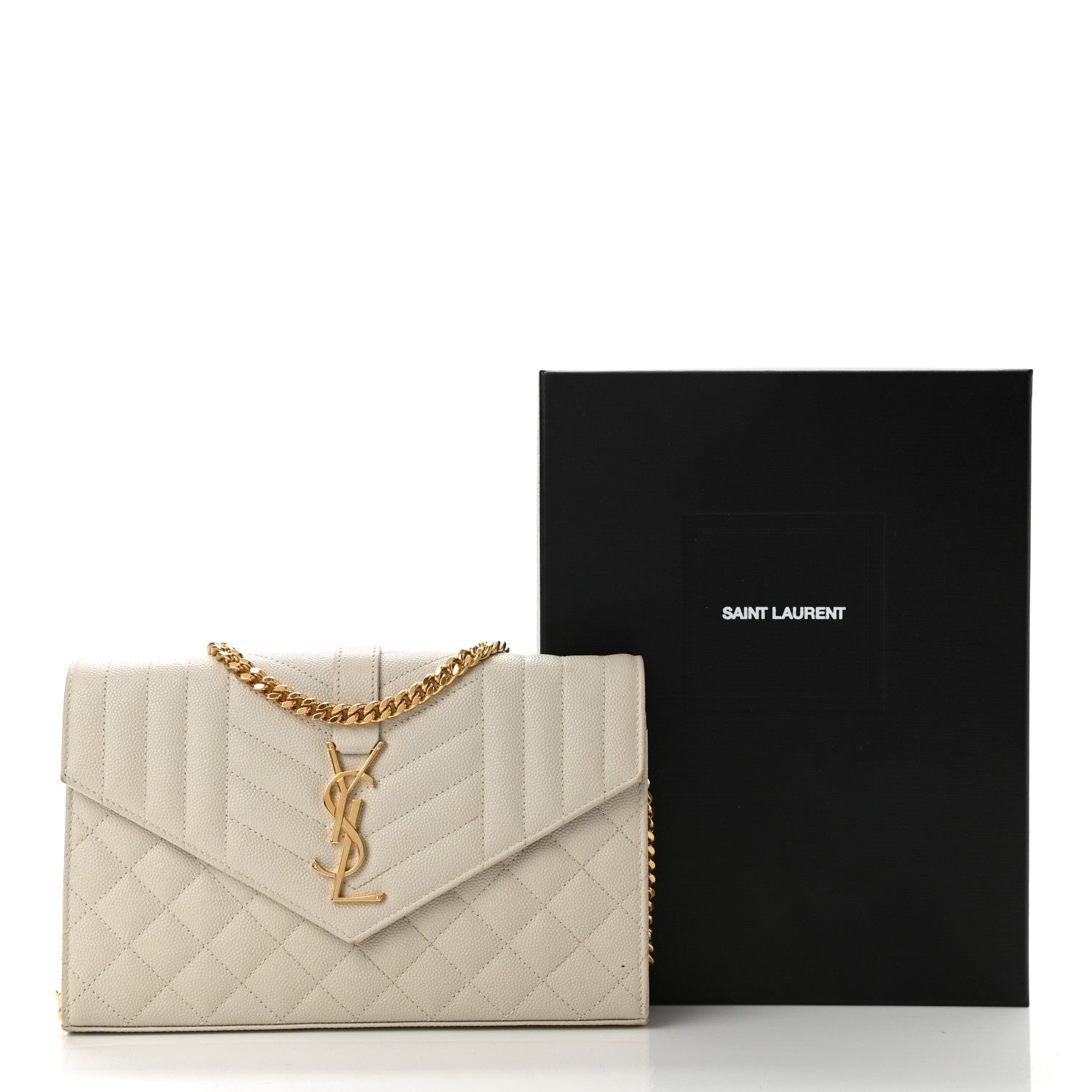 Saint Laurent Grain De Poudre Mixed Matelasse Triquilt Monogram Chain Wallet Blanc Vintage 9 of 9
