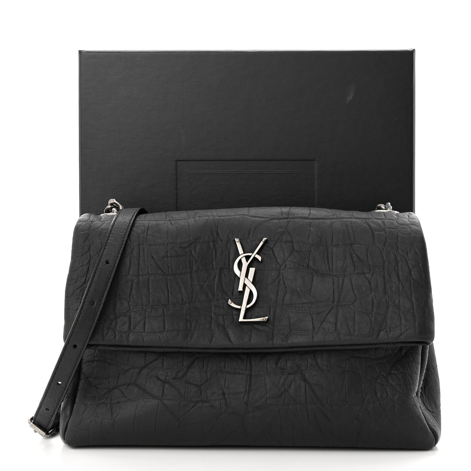 Saint Laurent Calfskin Crocodile Embossed Medium West Hollywood Monogram Fold-Over Grey 11 of 11