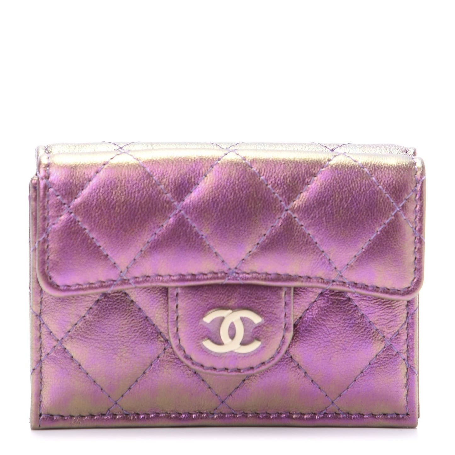 Iridescent Lambskin Small Quilted Flap Wallet Purple