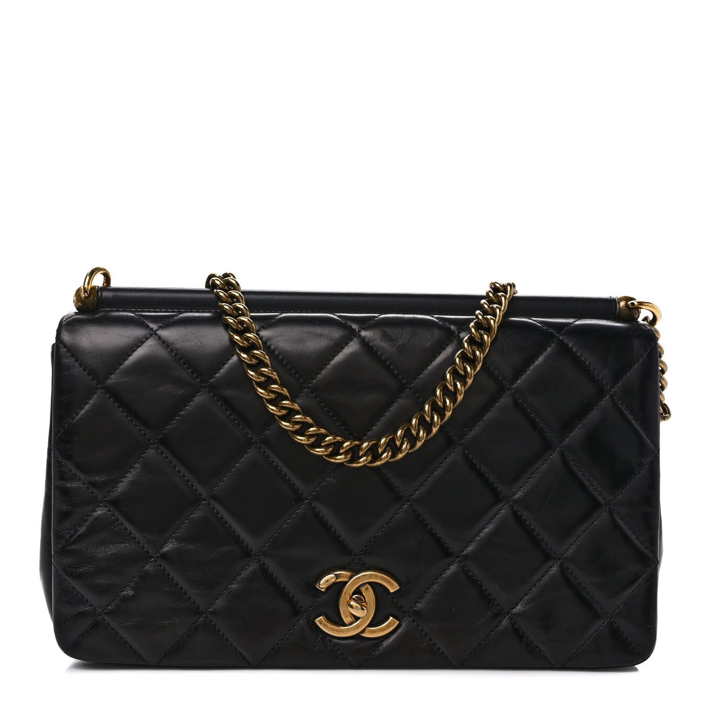 Calfskin Quilted Gold Bar Flap Black