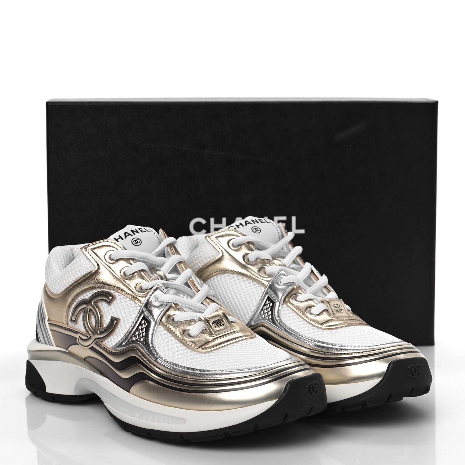 Chanel Fabric Laminated Calfskin Stretch CC Sneakers 36 White Gold Silver 9 of 9