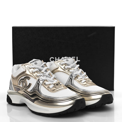 Chanel Fabric Laminated Calfskin Stretch CC Sneakers 36 White Gold Silver 9 of 9
