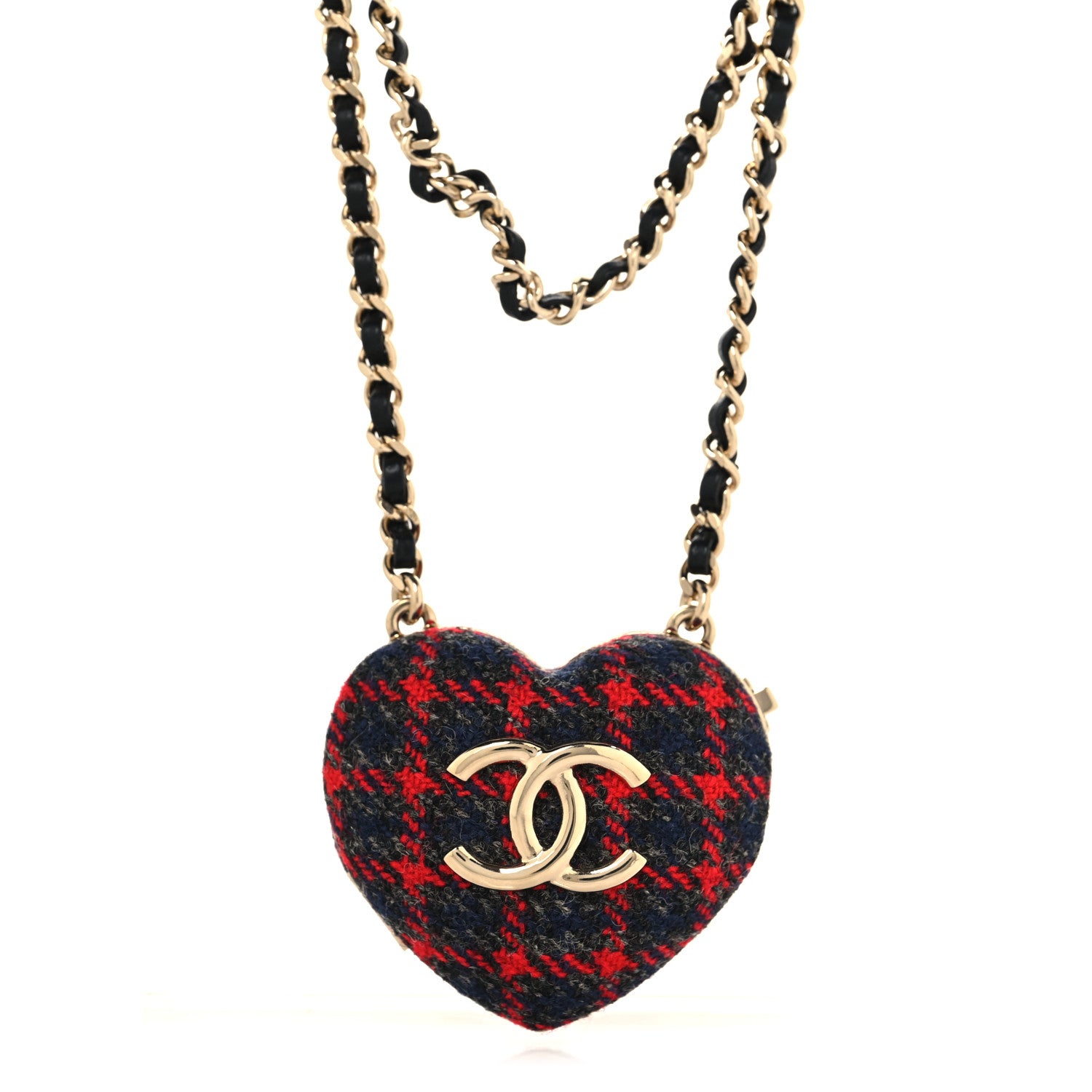 Chanel Tweed Lambskin CC Heart Mirror Locket Necklace Gold Grey Red Black 1 of 5