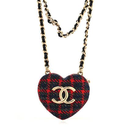 Chanel Tweed Lambskin CC Heart Mirror Locket Necklace Gold Grey Red Black 1 of 5