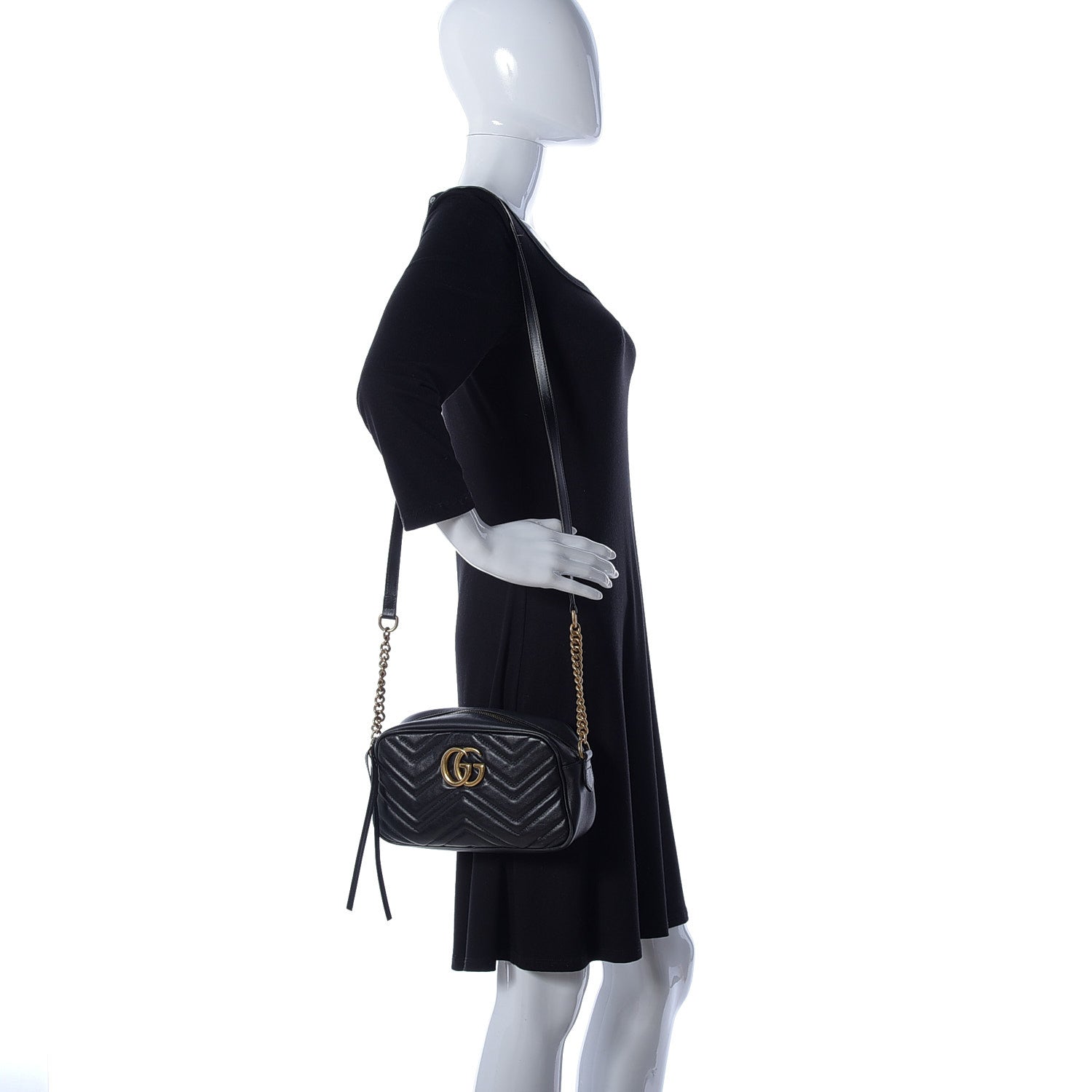 Gucci Calfskin Matelasse Small GG Marmont Chain Shoulder Bag Black 2 of 9