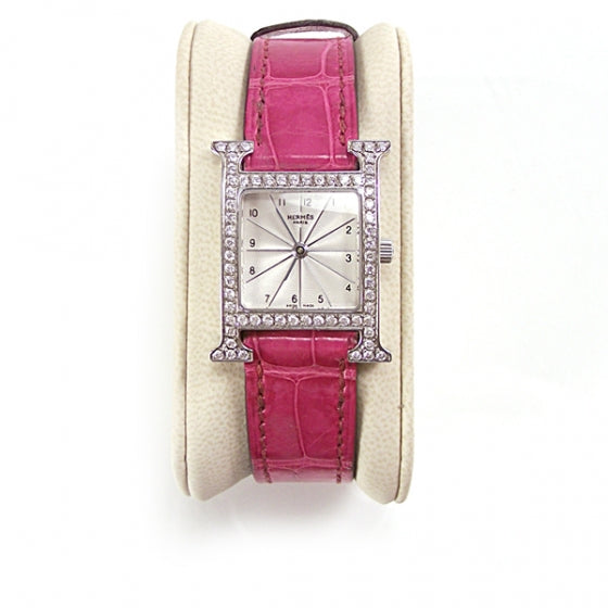 Stainless Steel Alligator Diamond Bezel Mother of Pearl 21mm Heure H Hour Quartz Watch Framboise