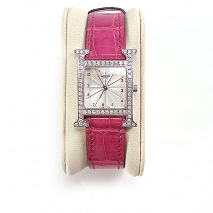 Hermes Stainless Steel Alligator Diamond Bezel Mother of Pearl 21mm Heure H Hour Quartz Watch Framboise 1 of 9
