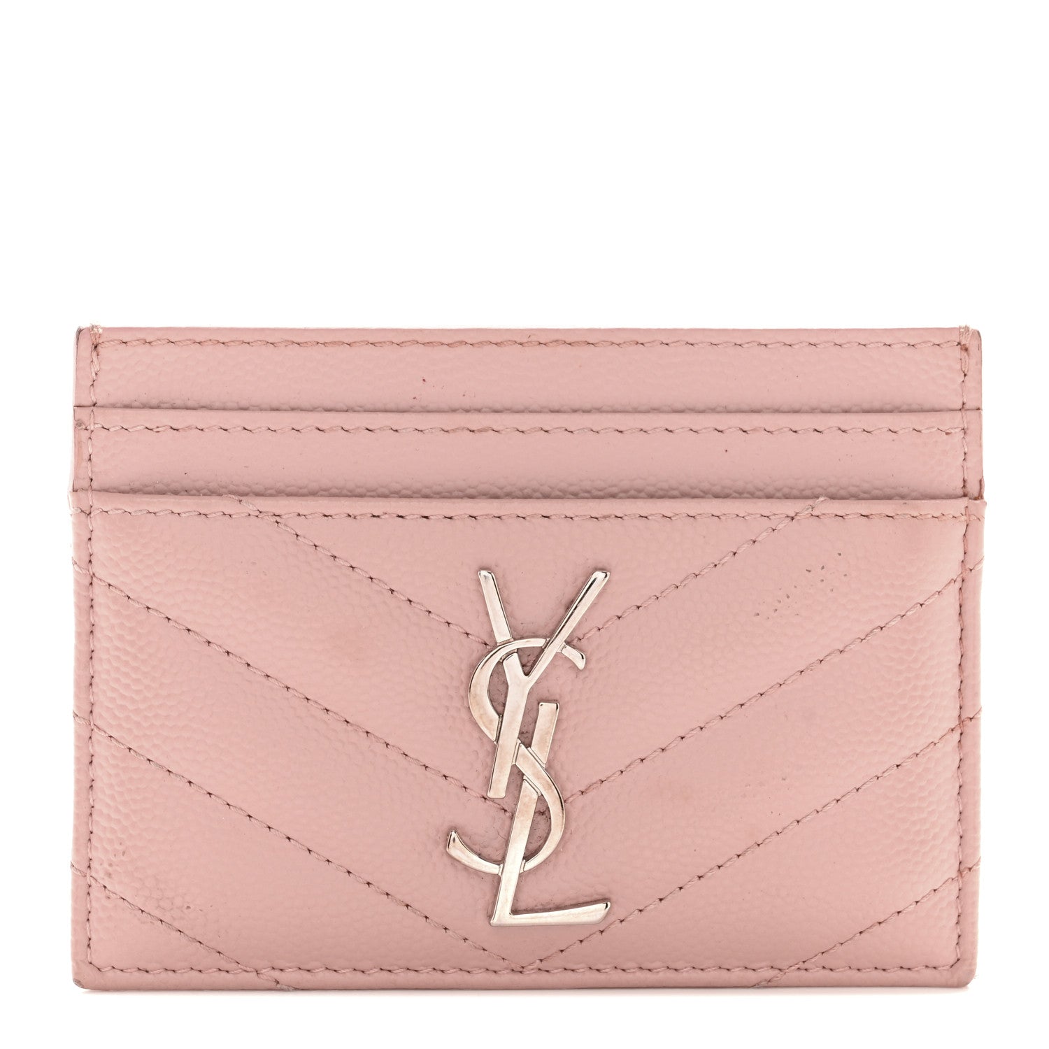 Saint Laurent Grain De Poudre Matelasse Chevron Monogram Credit Card Case Pale Pink 1 of 8