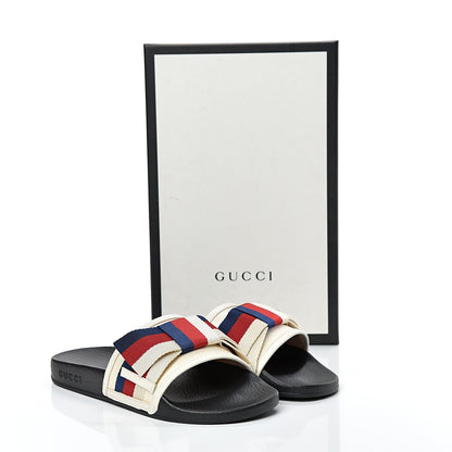 Gucci Satin Web Sylvie Bow Slide Sandals 38 White 7 of 7