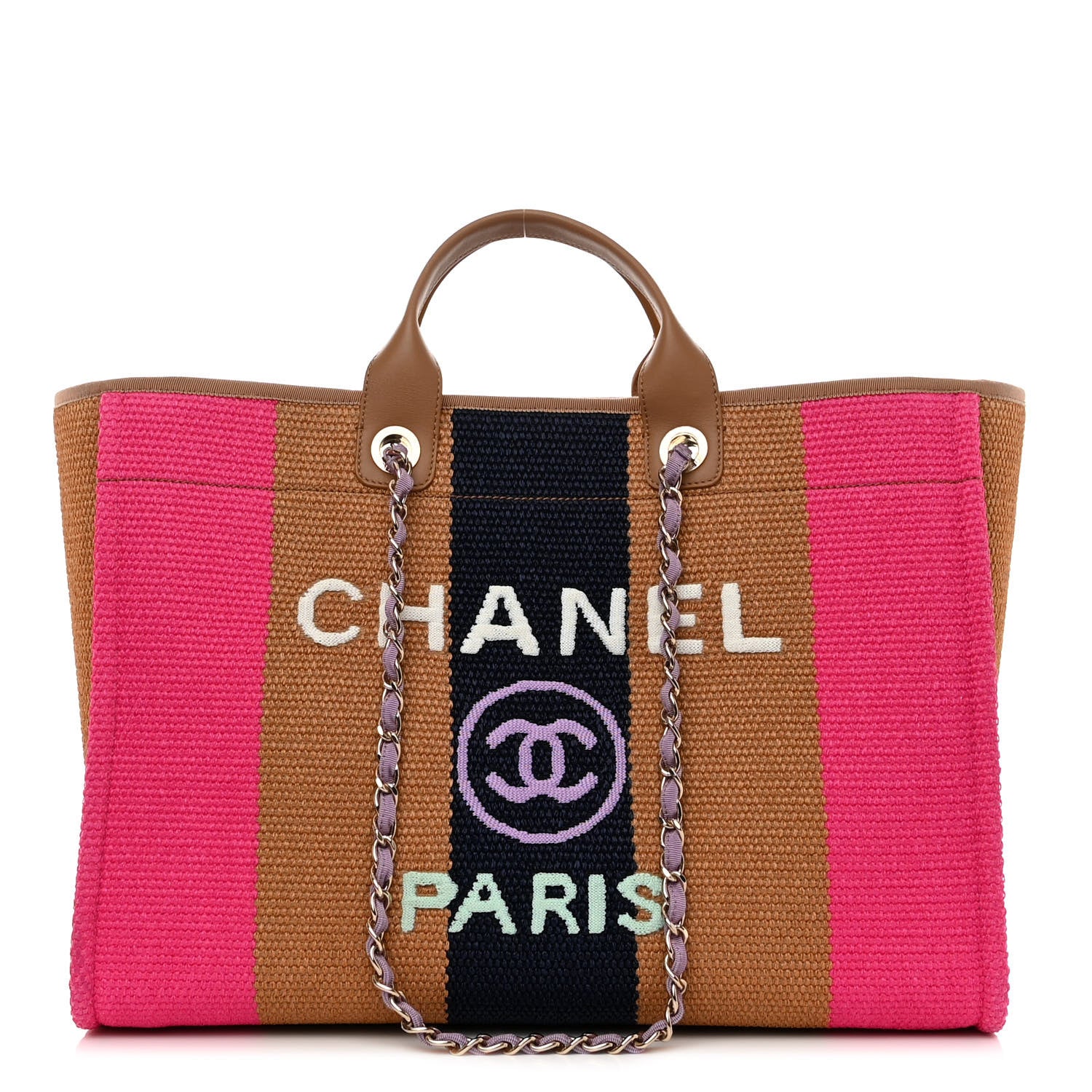 Chanel Straw Raffia Calfskin Striped Large Deauville Tote Dark Beige Fuchsia Navy Blue 1 of 10