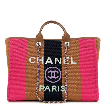Chanel Straw Raffia Calfskin Striped Large Deauville Tote Dark Beige Fuchsia Navy Blue 1 of 10