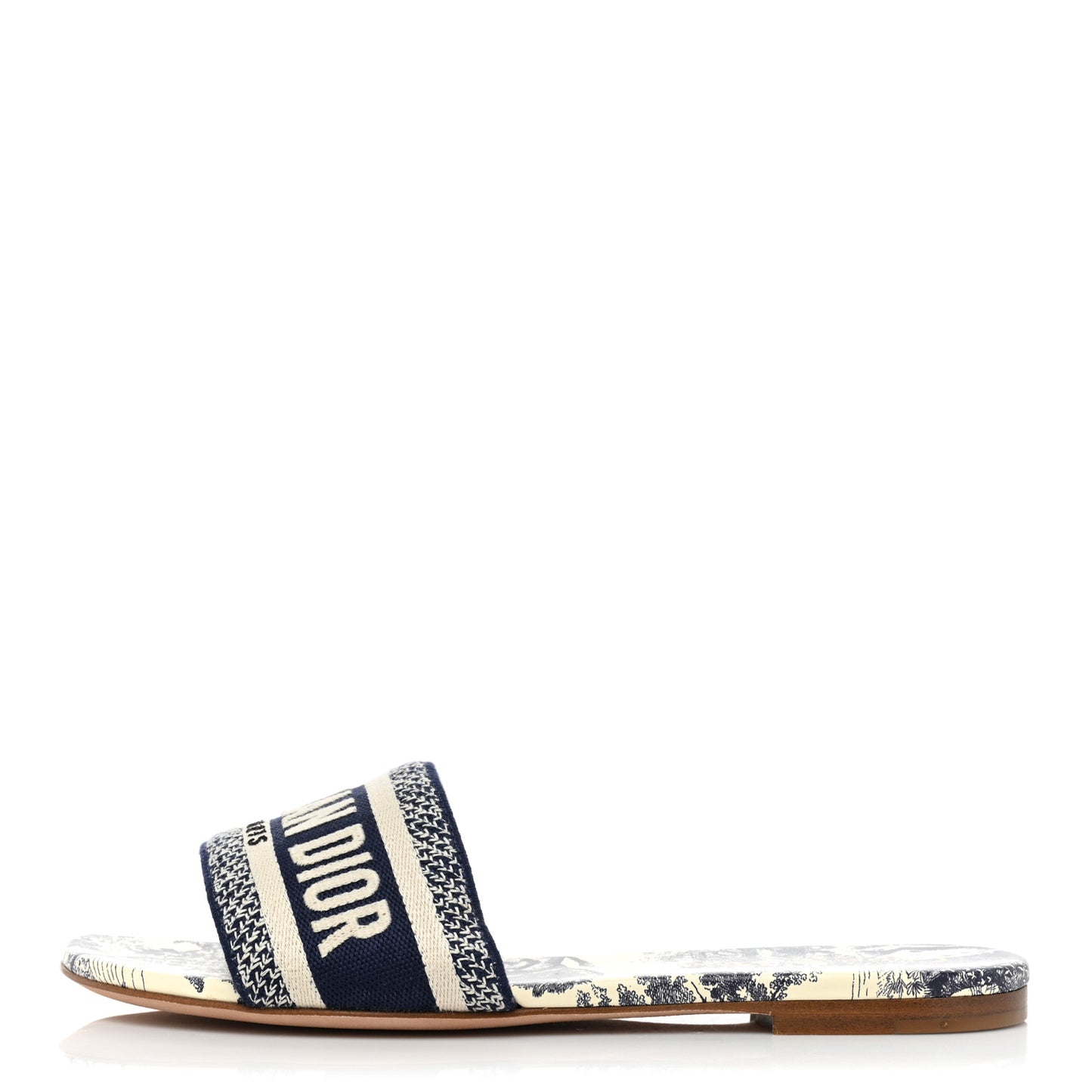 Canvas Toile de Jouy Embroidered Dway Flat Slide Sandals 37 Blue