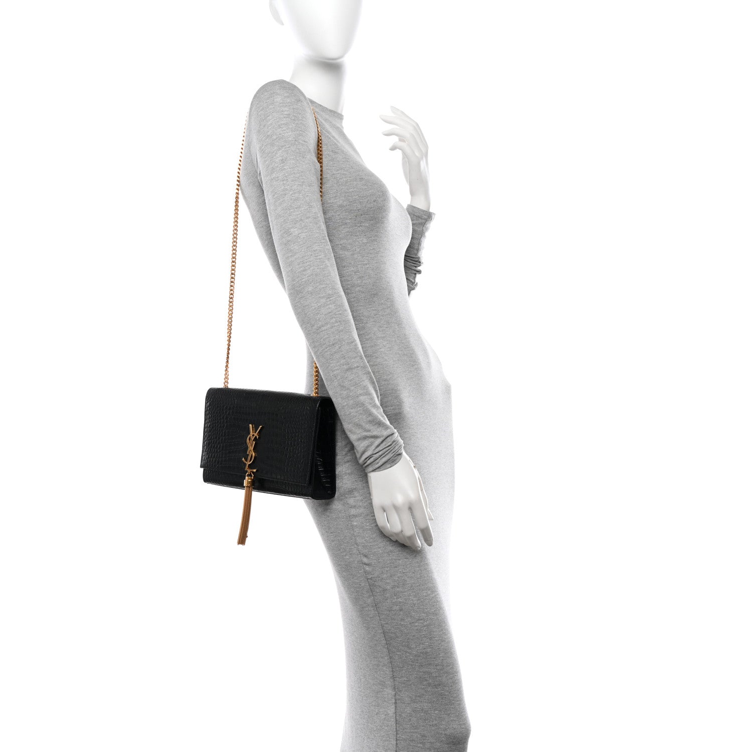 Saint Laurent Calfskin Crocodile Embossed Medium Classic Monogram Kate Tassel Satchel Black 2 of 9