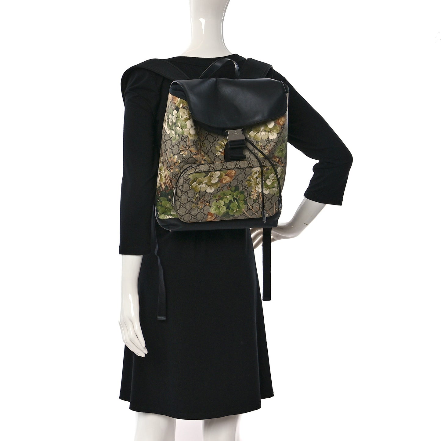 GG Supreme Monogram Blooms Medium Single Buckle Backpack Beige New Military Black