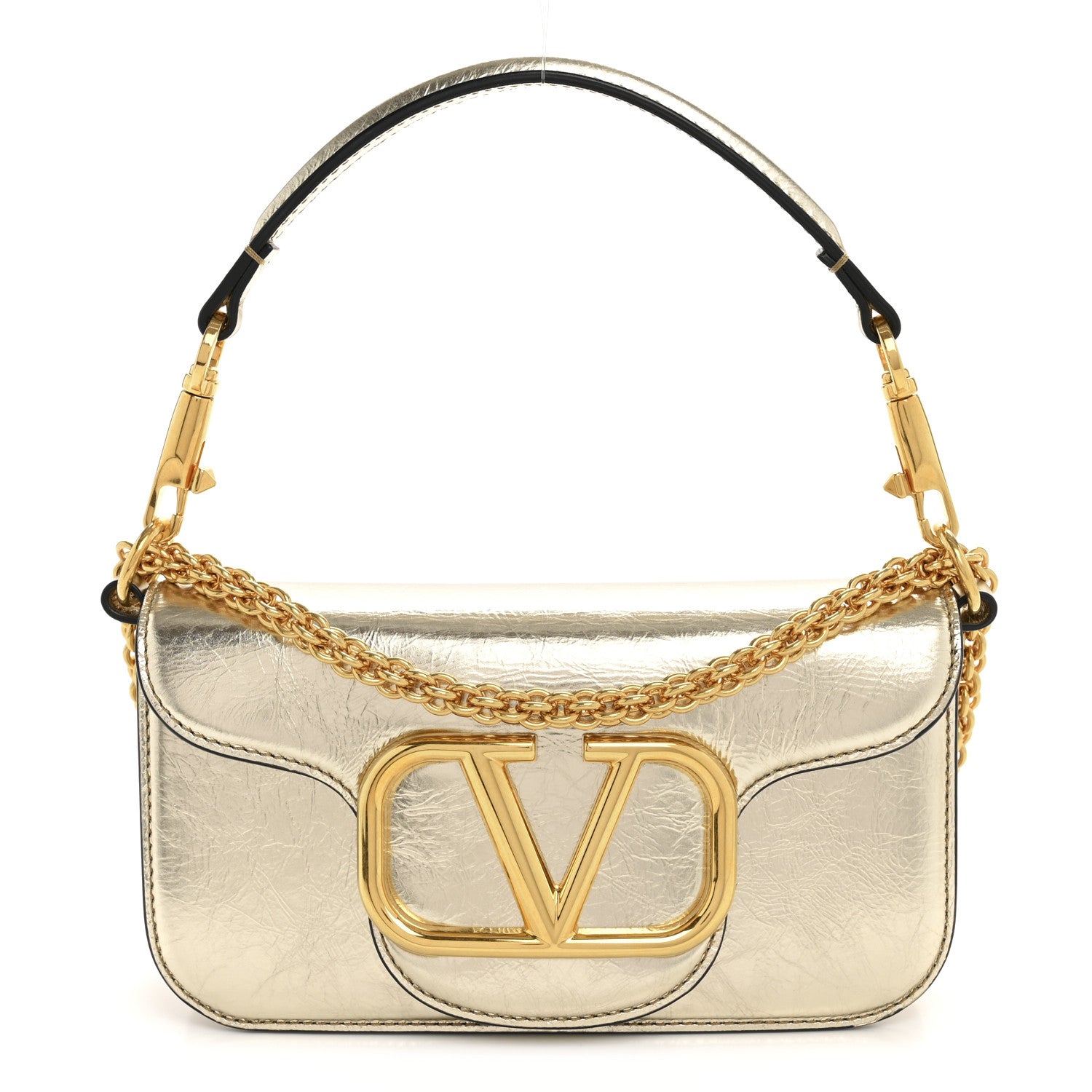 Valentino Garavani Metallic Crackle Effect Calfskin Vlogo Small Loco Shoulder Bag Platino 1 of 11