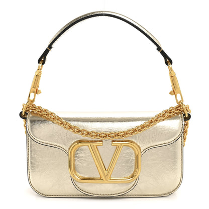 Valentino Garavani Metallic Crackle Effect Calfskin Vlogo Small Loco Shoulder Bag Platino 1 of 11