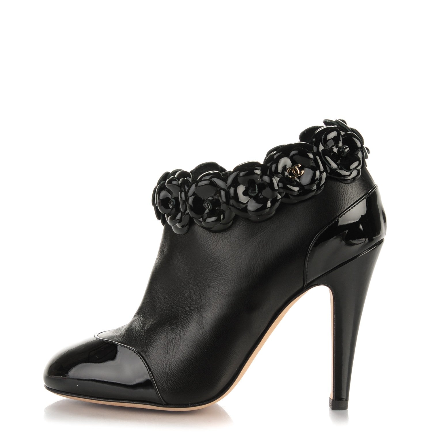 Chanel Lambskin Patent Calfskin Cap Toe Camellia Short Boots 35 Black 1 of 7