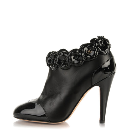 Chanel Lambskin Patent Calfskin Cap Toe Camellia Short Boots 35 Black 1 of 7