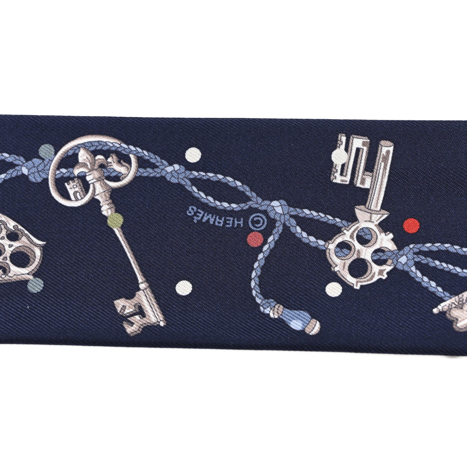 Hermes Silk Metallic Agneau Les Cles A Pois Fringed Twilly Bleu Marine Gris Argent Multicolor 3 of 4