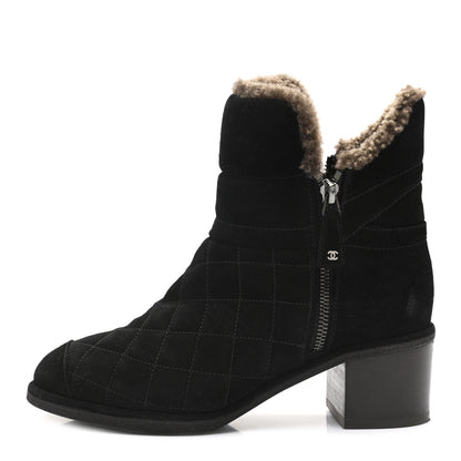 Chanel Suede Quilted Shearling Short Boots 36.5 Black 1 of 8