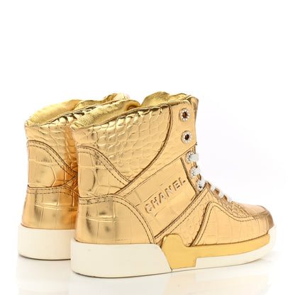 Chanel Metallic Calfskin Crocodile Embossed Cocodile High Top Sneakers 38 Gold 4 of 9