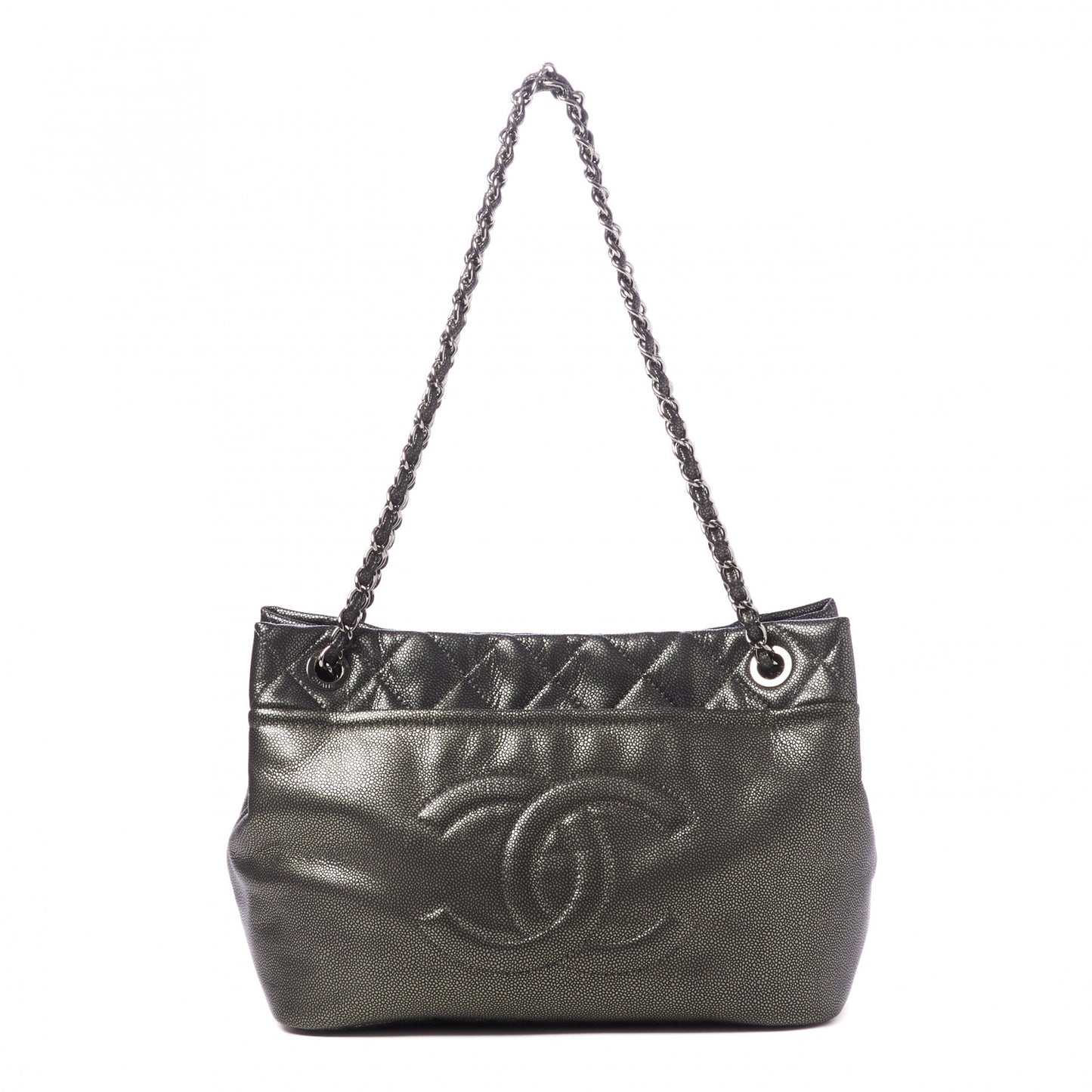 Metallic Caviar Quilted CC Timeless Tote Dark Silver