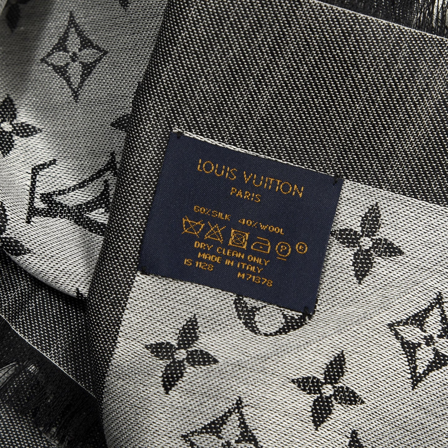 Wool Silk Monogram Denim Shawl Black