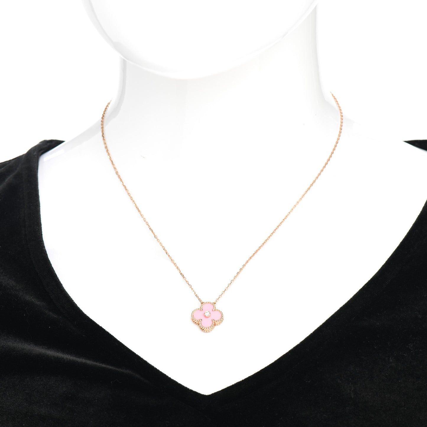18K Rose Gold Diamond Pink Porcelain Vintage Alhambra Pendant Necklace