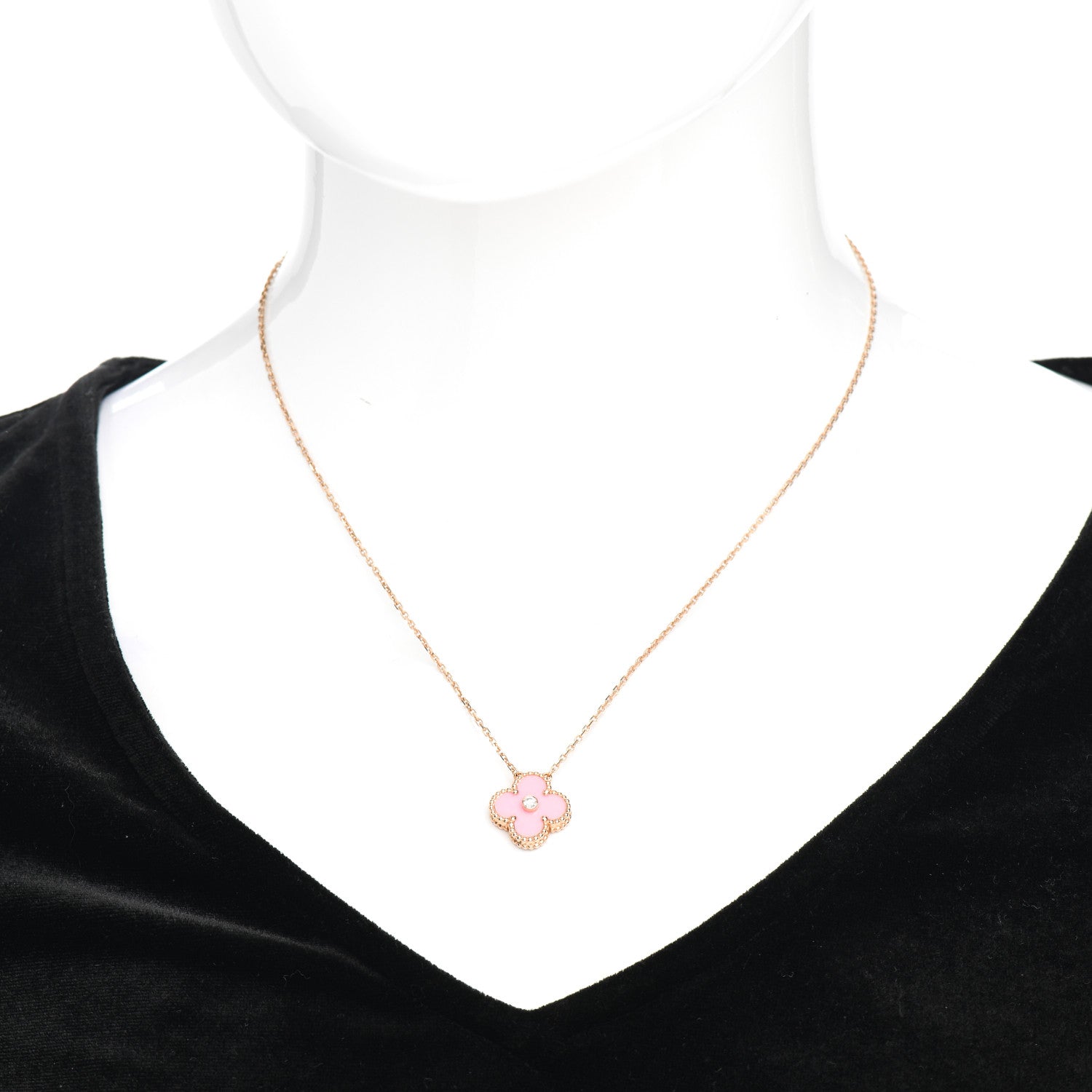 Van Cleef & Arpels 18K Rose Gold Diamond Pink Porcelain Vintage Alhambra Pendant Necklace 2 of 5