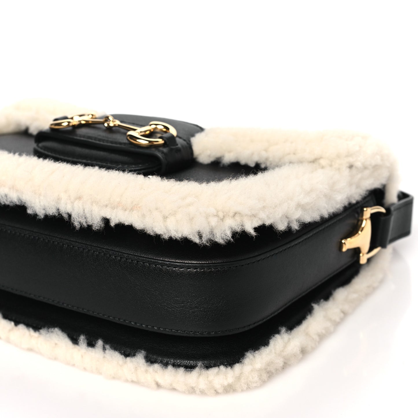 Sakai Be Green Calfskin Shearling Horsebit 1955 Shoulder Bag Black