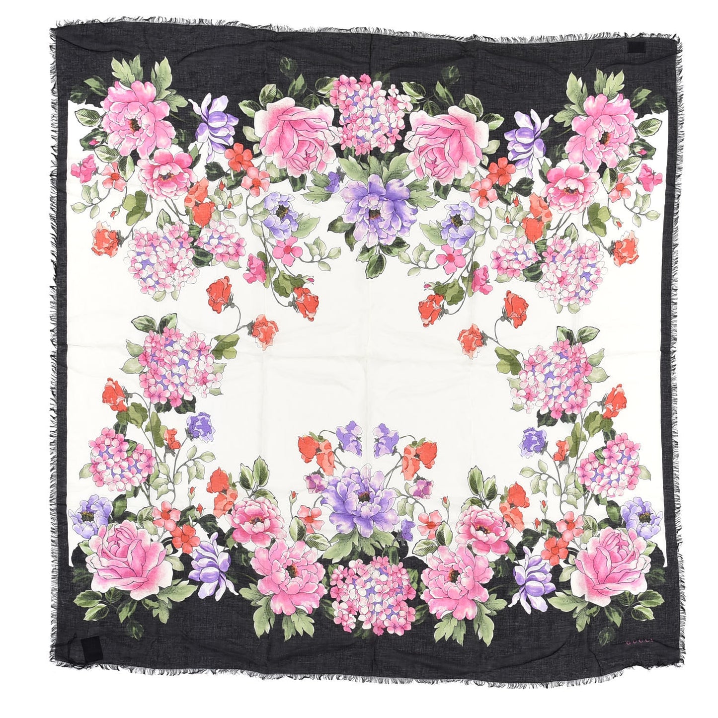 Silk Cashmere Hydrangea Square Scarf Black