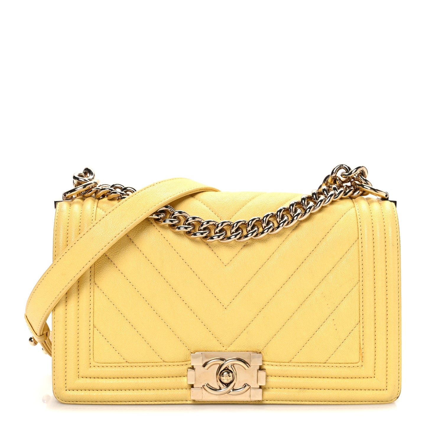 Caviar Chevron Quilted Medium Boy Flap Yellow