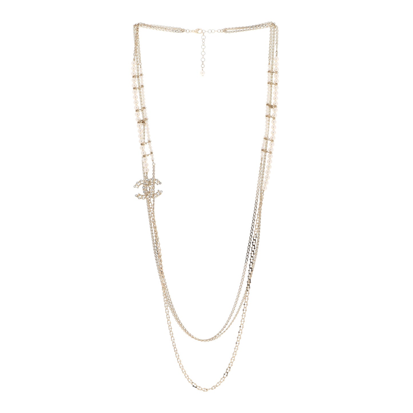 Crystal Pearl CC Long Multistrand Necklace Gold