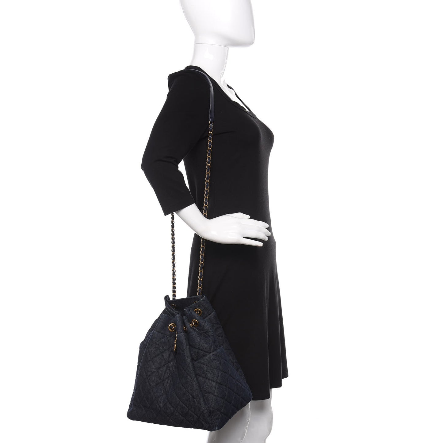 Washed Denim Quilted Large Urban Spirit Drawstring Bag Dark Blue