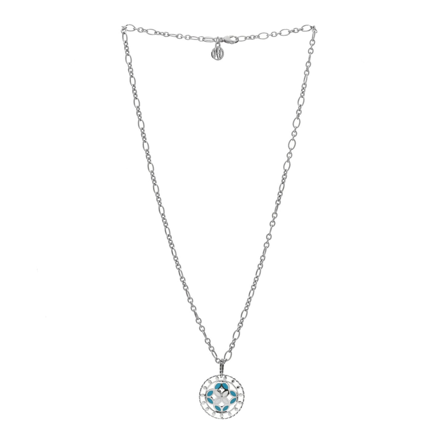 Sterling Silver Enamel Kawung Round Pendant Necklace Blue