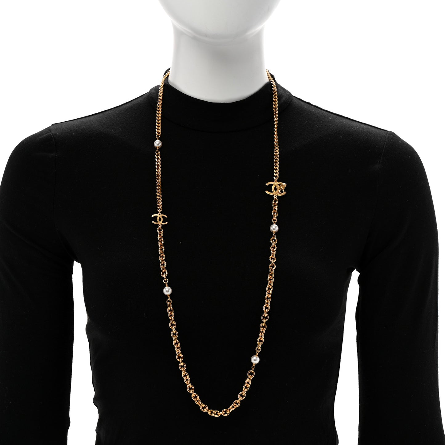 Pearl Quilted CC Long Necklace Light Gold