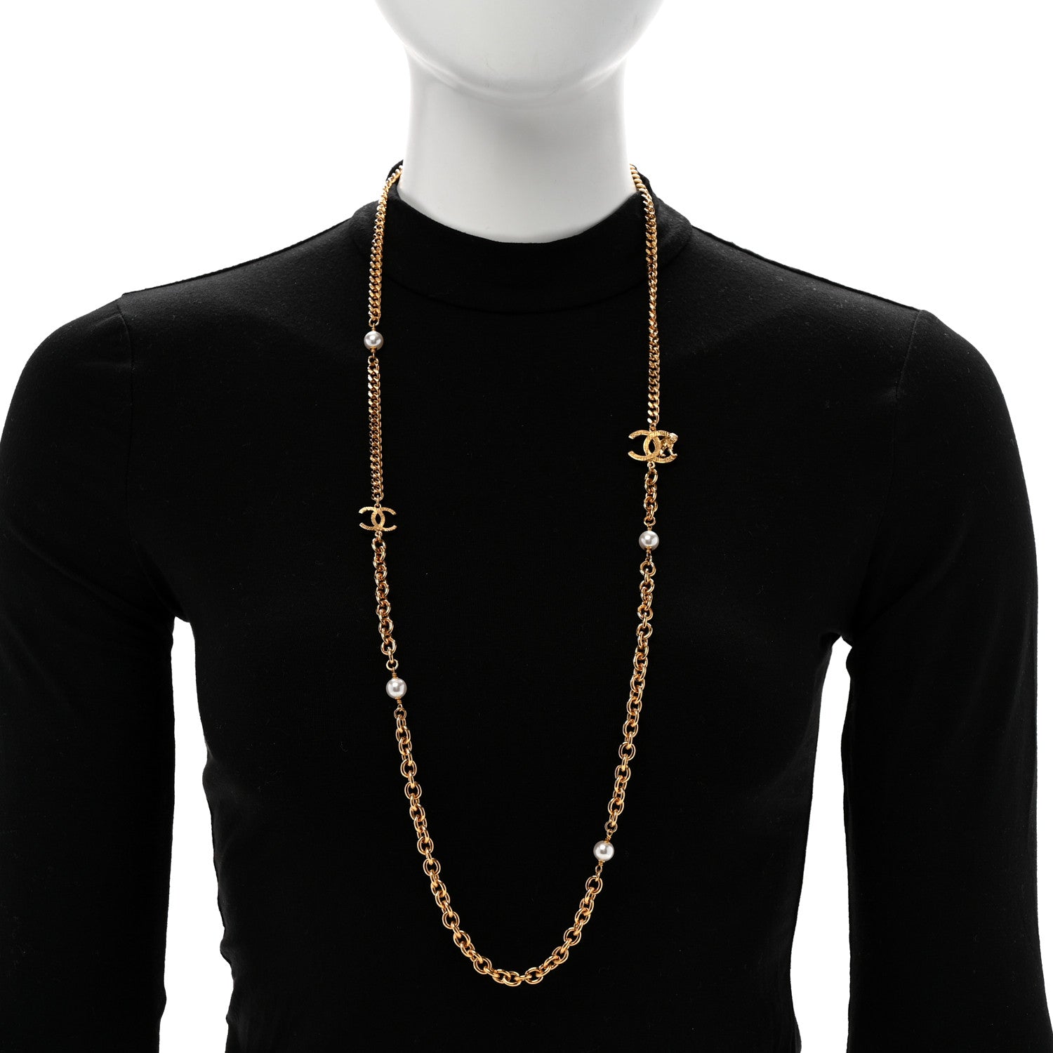 Chanel Pearl Quilted CC Long Necklace Light Gold 2 of 5