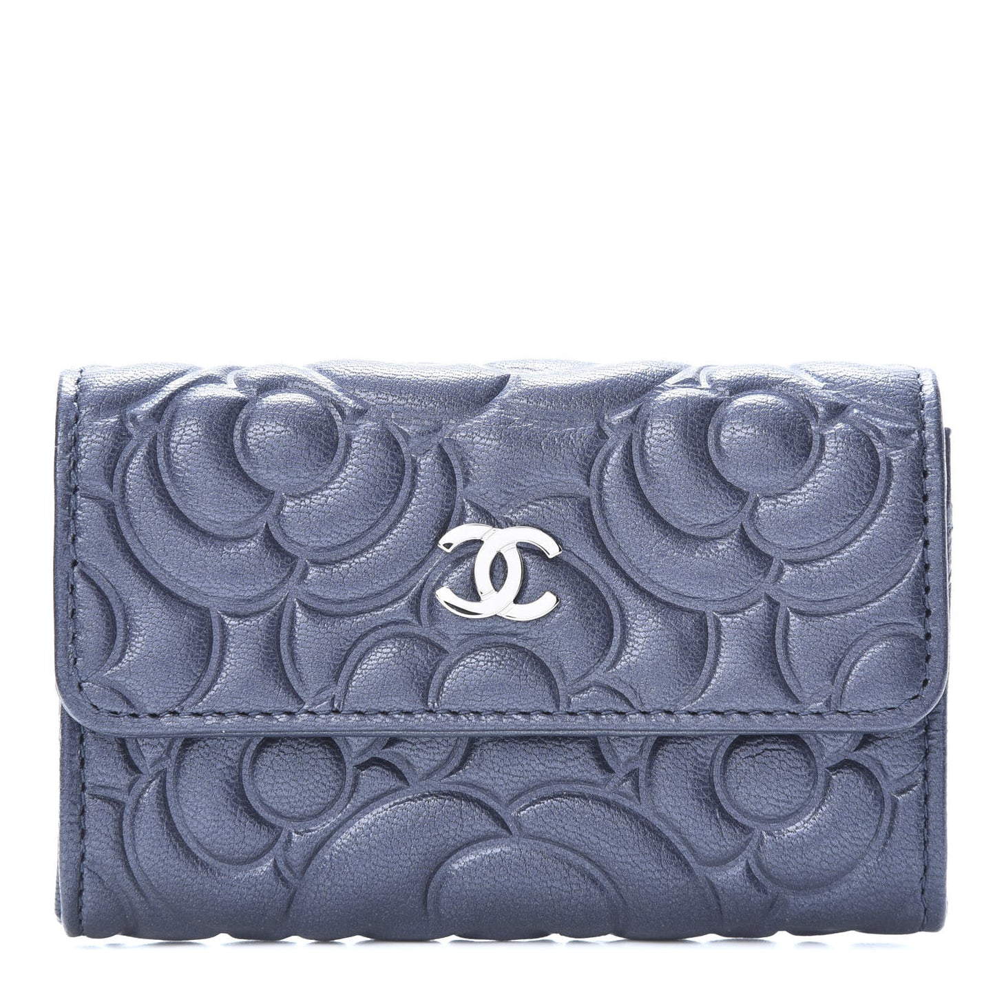 Goatskin Camellia Embossed Flap Card Holder Wallet Dark Blue
